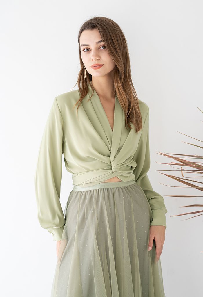 Crisscross Tie-Bow Satin Top in Pistachio