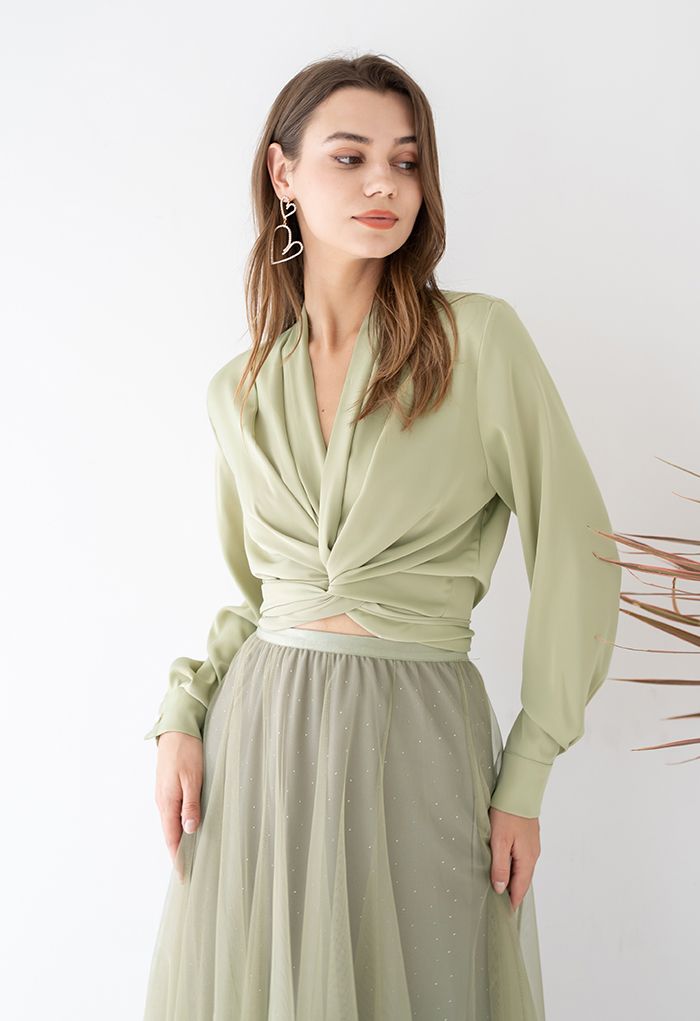 Crisscross Tie-Bow Satin Top in Pistachio