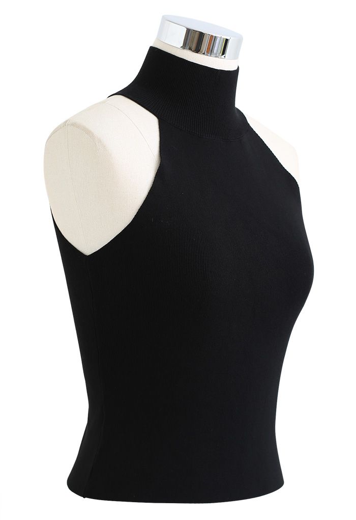 Halter Mock Neck Fitted Knit Tank Top in Black