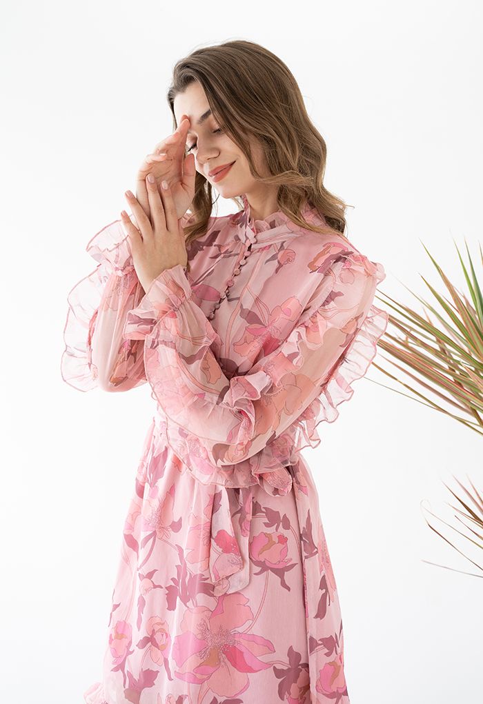 Blush Pink Floral Ruffle Belted Dress