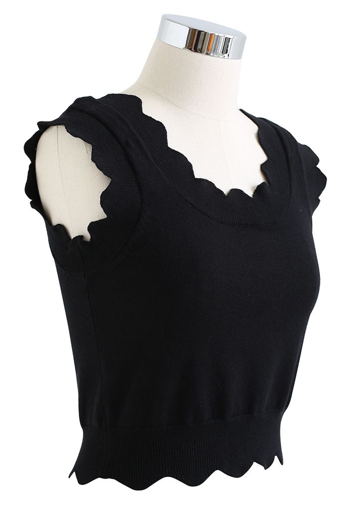 Scalloped Edge Knit Tank Top in Black