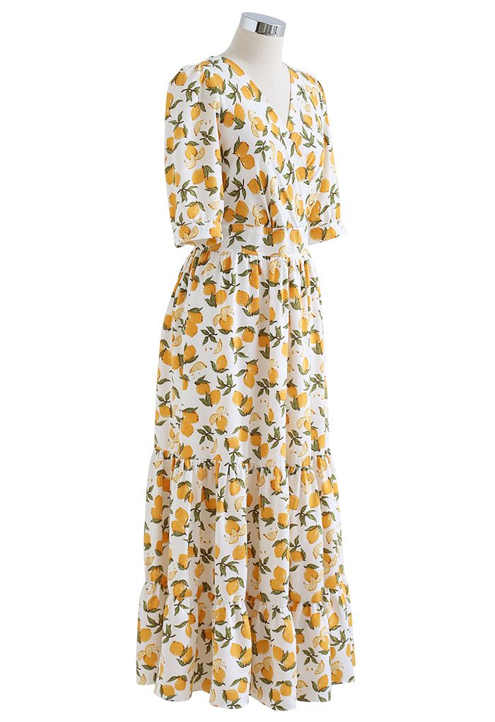 Summer Lemon Print Frilling Wrapped Dress