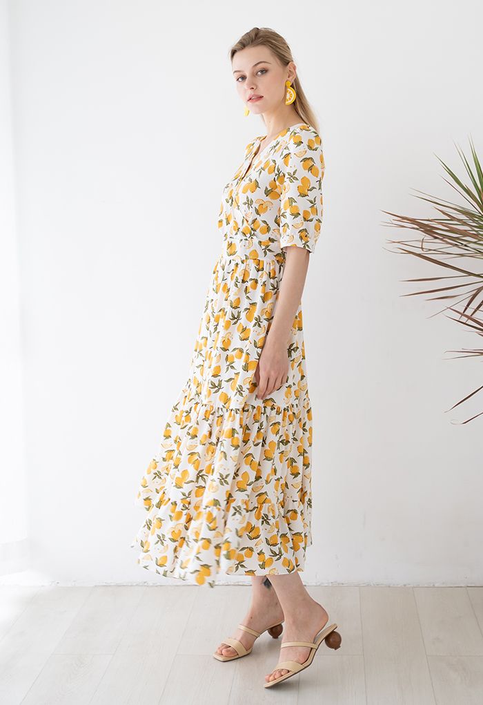 Summer Lemon Print Frilling Wrapped Dress