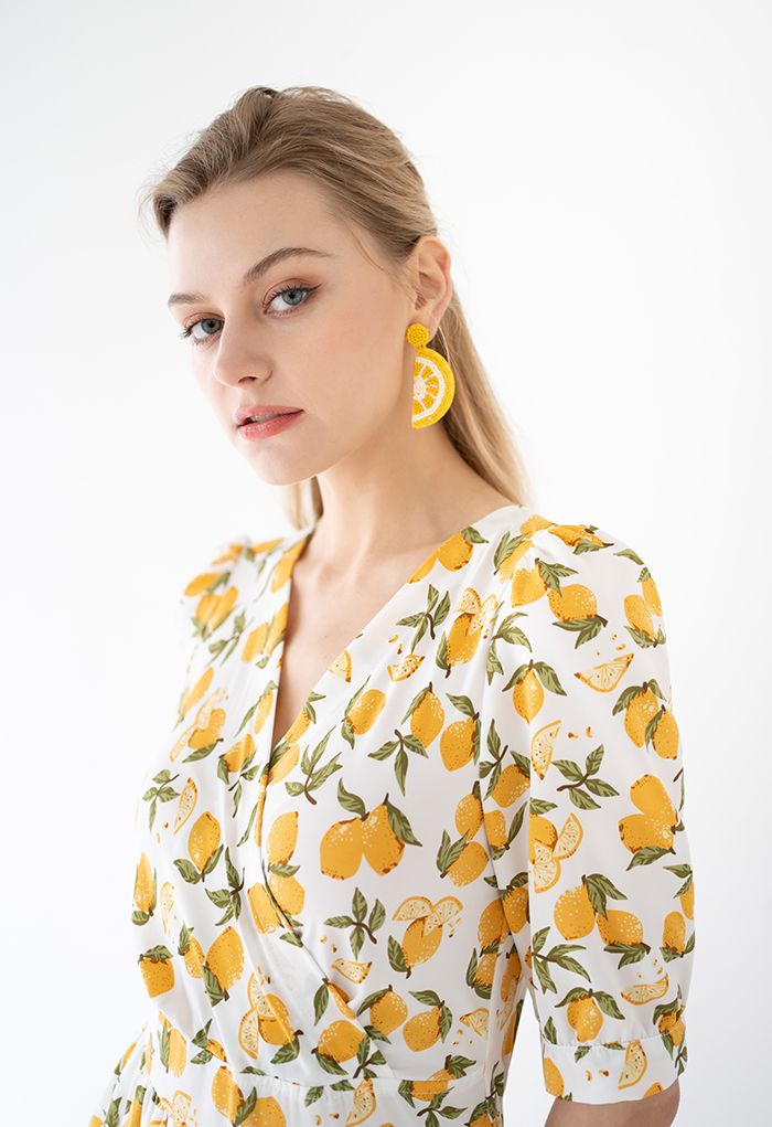 Summer Lemon Print Frilling Wrapped Dress