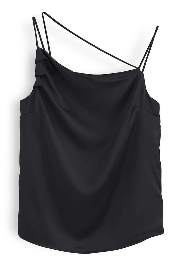 Triple Strings Cowl Neck Satin Tank Top in Black