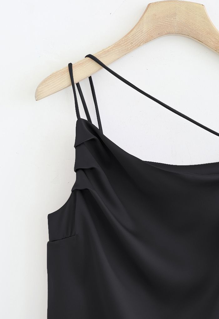 Triple Strings Cowl Neck Satin Tank Top in Black