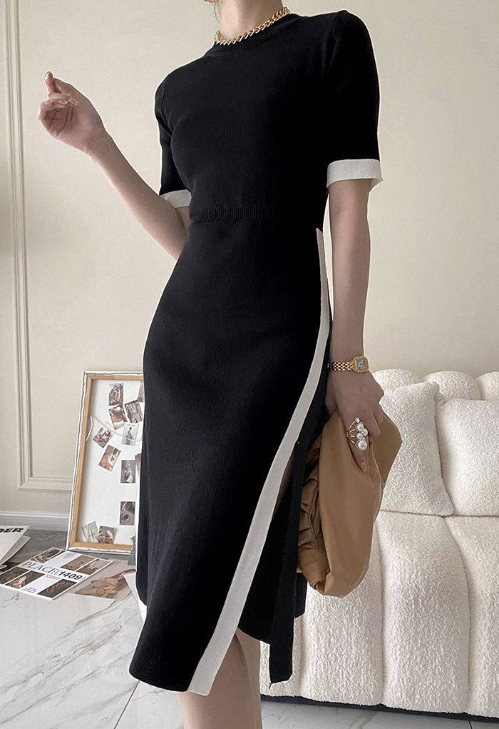 Contrast Line Split Hem Knit Midi Dress