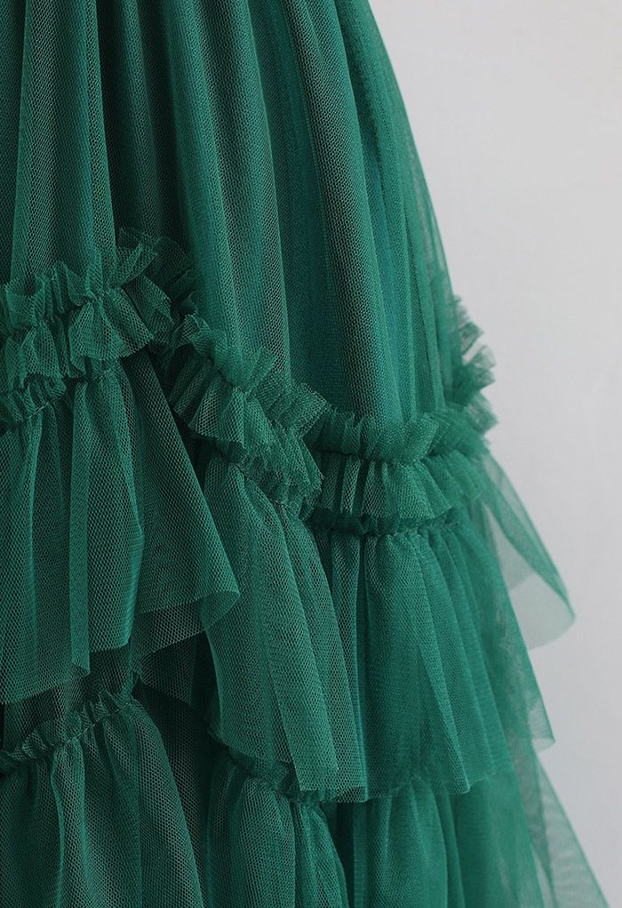 Exquisite Tiered Ruffle Mesh Tulle Skirt in Green