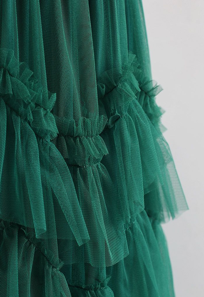 Exquisite Tiered Ruffle Mesh Tulle Skirt in Green