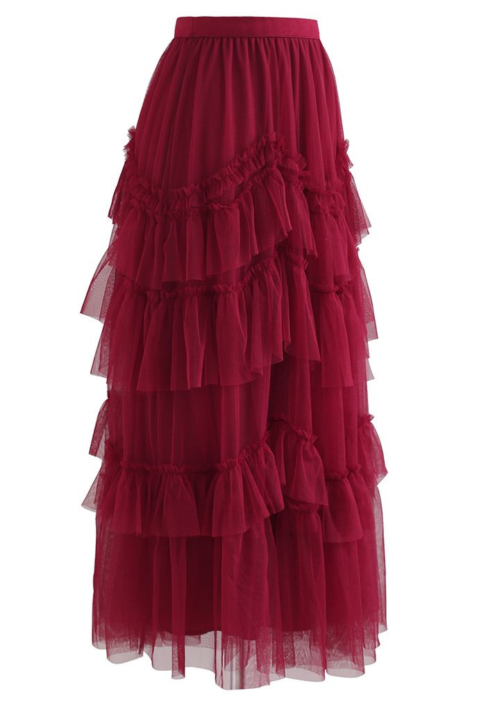 Exquisite Tiered Ruffle Mesh Tulle Skirt in Red