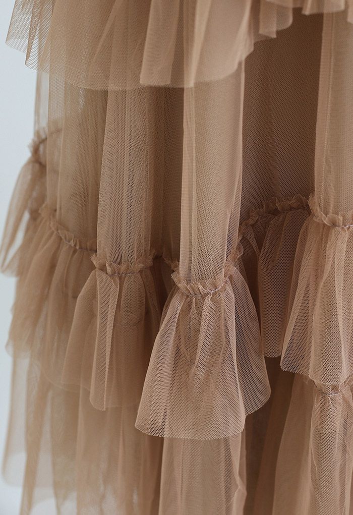 Exquisite Tiered Ruffle Mesh Tulle Skirt in Caramel