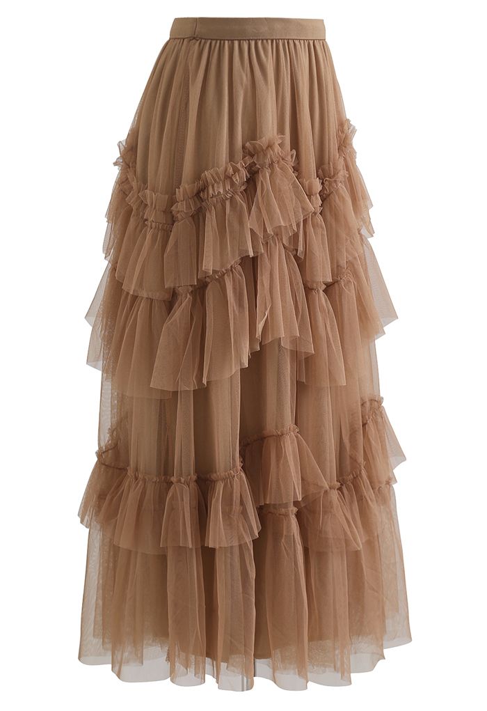 Exquisite Tiered Ruffle Mesh Tulle Skirt in Caramel