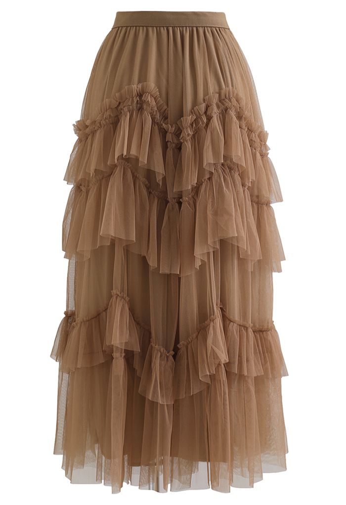 Exquisite Tiered Ruffle Mesh Tulle Skirt in Caramel