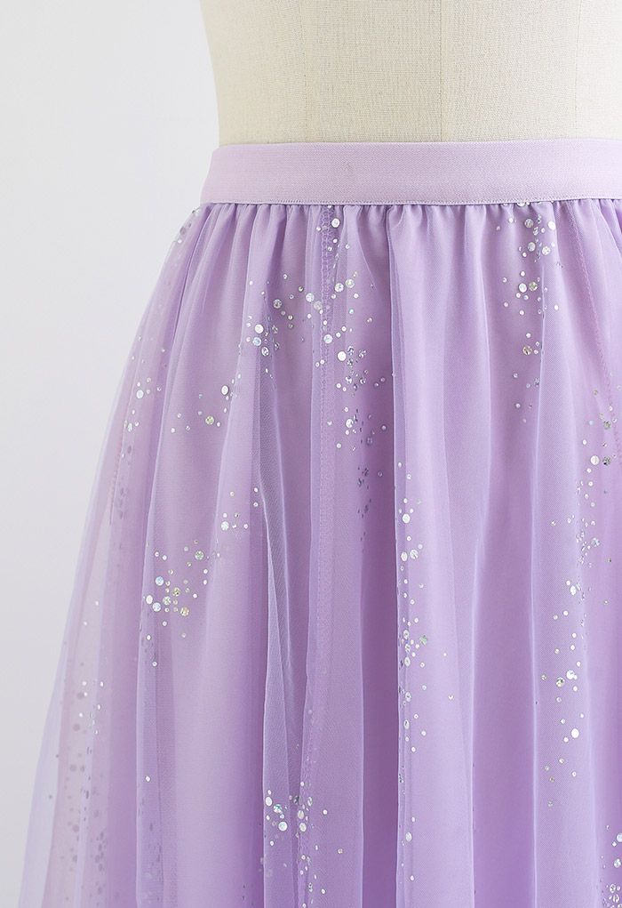 Shimmery Sequin Mix-Color Mesh Maxi Skirt in Lilac