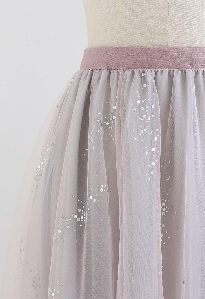 Shimmery Sequin Mix-Color Mesh Maxi Skirt in Dusty Pink