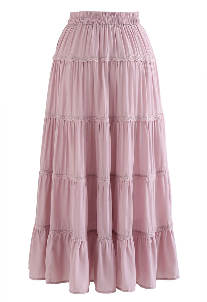 Scalloped Lace Pleated Frilling Midi Skirt in Pink