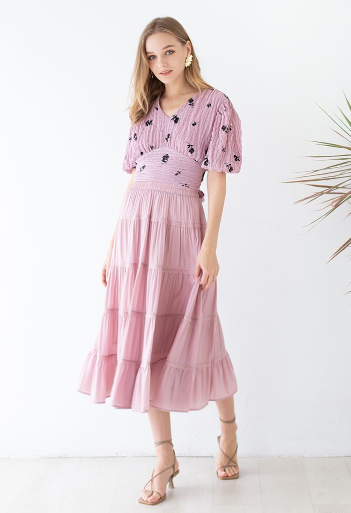 Scalloped Lace Pleated Frilling Midi Skirt in Pink