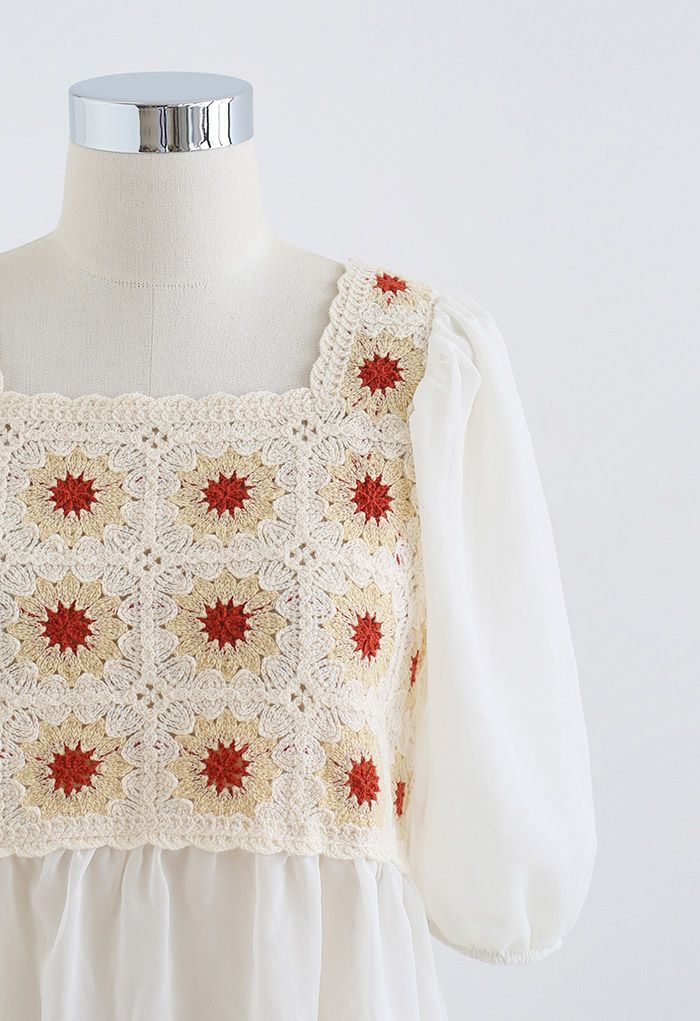 Boho Cream Floral Crochet Spliced Top