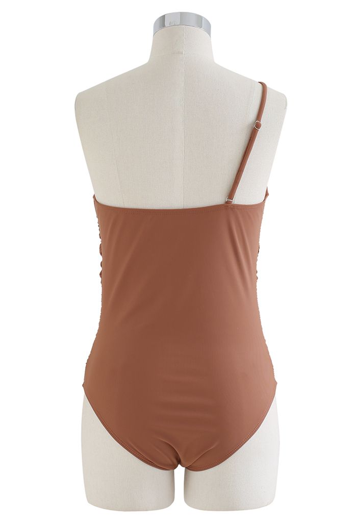 One-Shoulder Ruched Detail Swimsuit in Rust