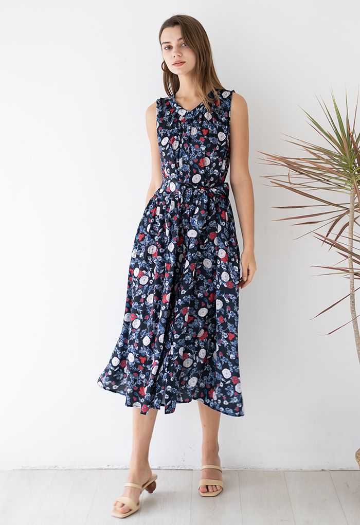 Sacred Floral Sleeveless Button Down Dress in Black