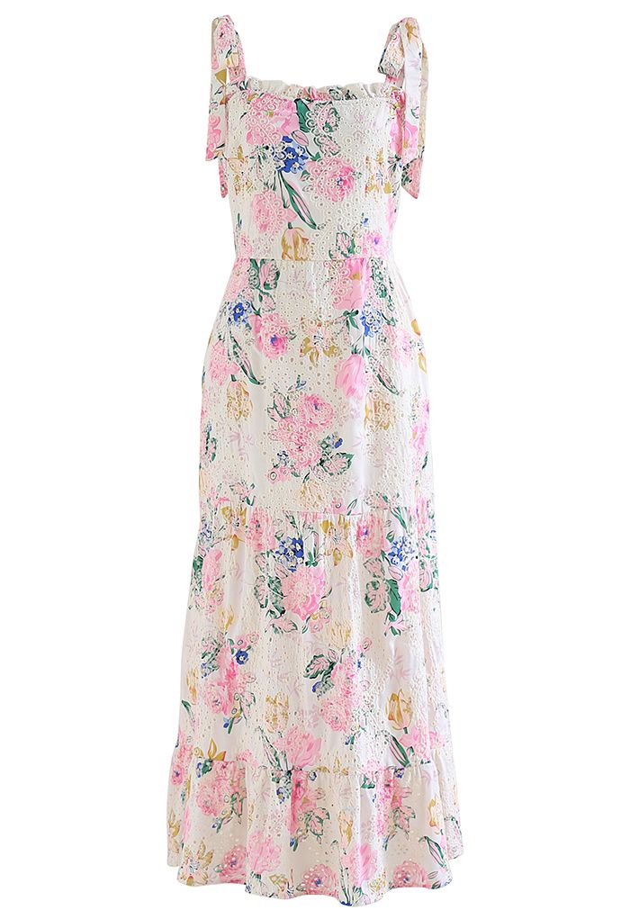 Pink Floral Embroidered Eyelet Tie-Strap Maxi Dress