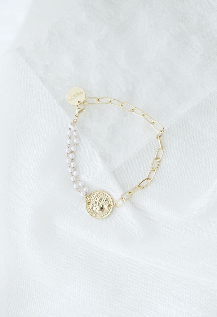 Pearl Golden Coin Paperclip Spliced Bracelet