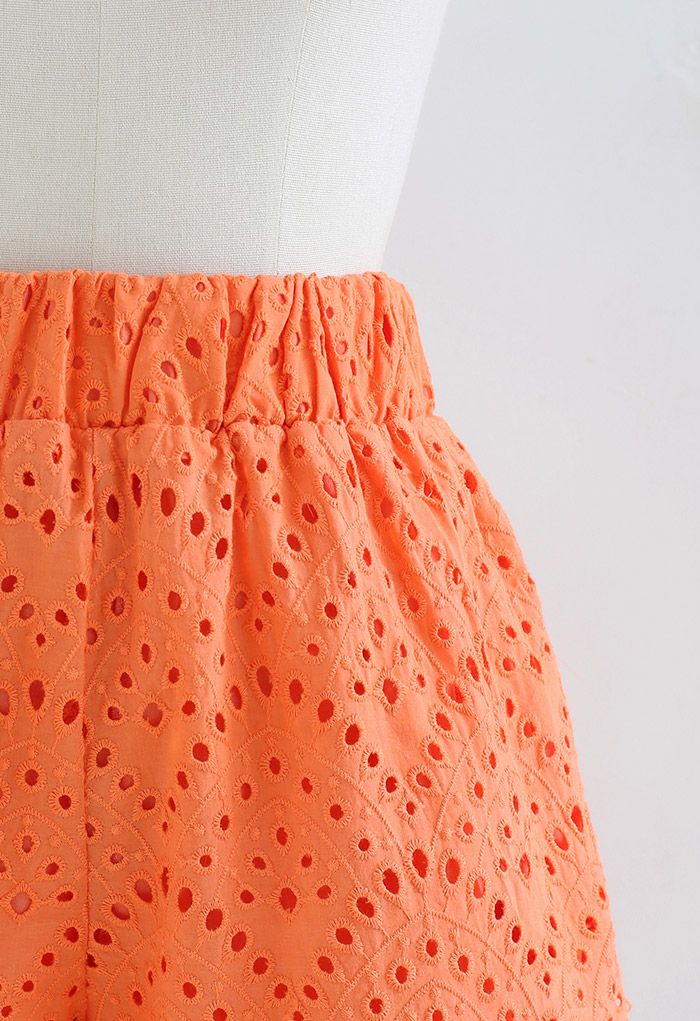 Full Eyelet Zigzag Hemline Shorts in Orange