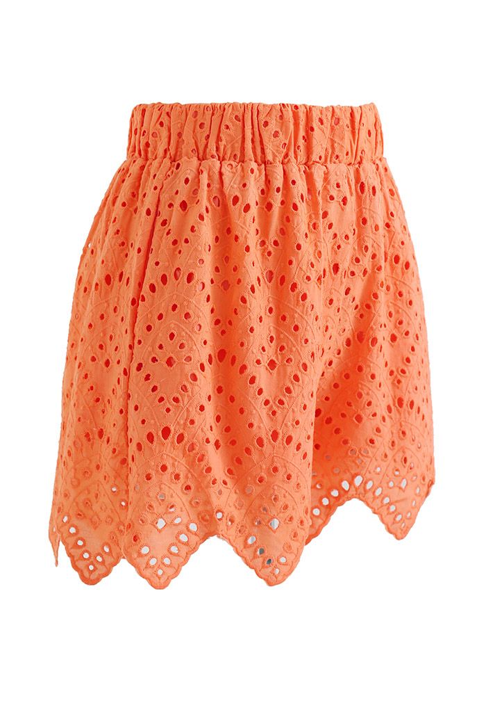 Full Eyelet Zigzag Hemline Shorts in Orange