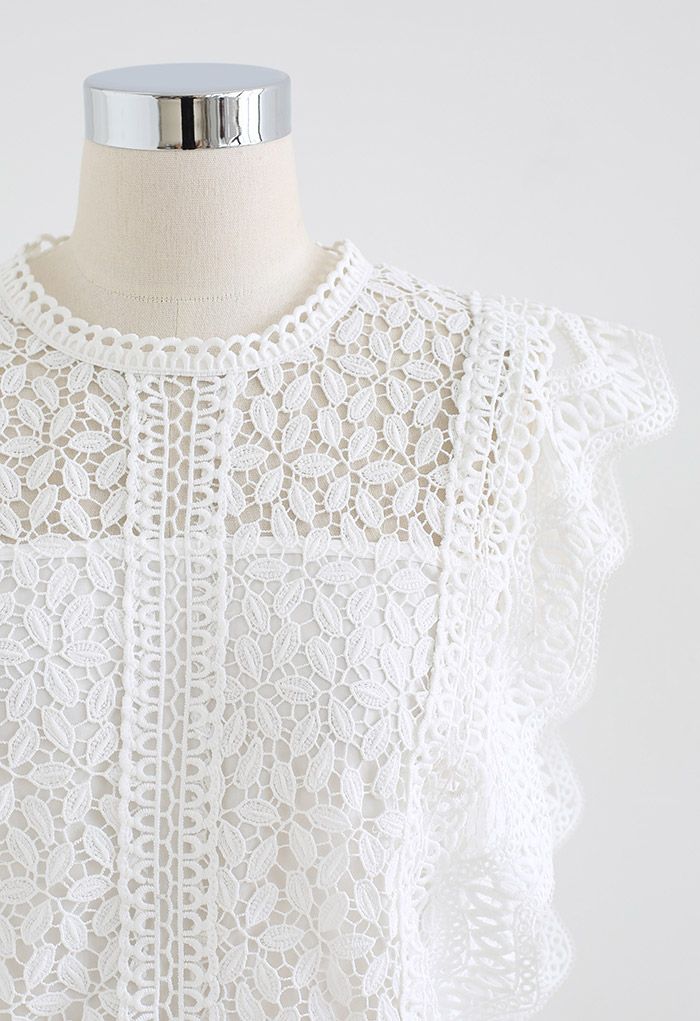 Falling Leaf Crochet Sleeveless Top in White