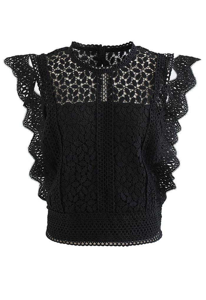 Falling Leaf Crochet Sleeveless Top in Black