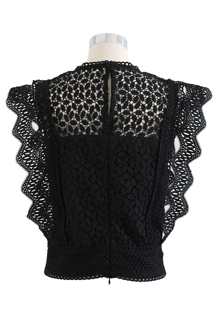 Falling Leaf Crochet Sleeveless Top in Black