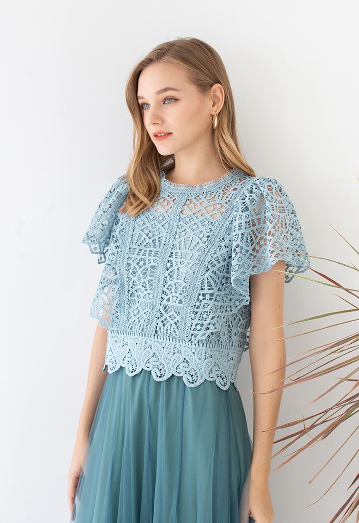 Ruffle Sleeves Full Crochet Crop Top in Dusty Blue