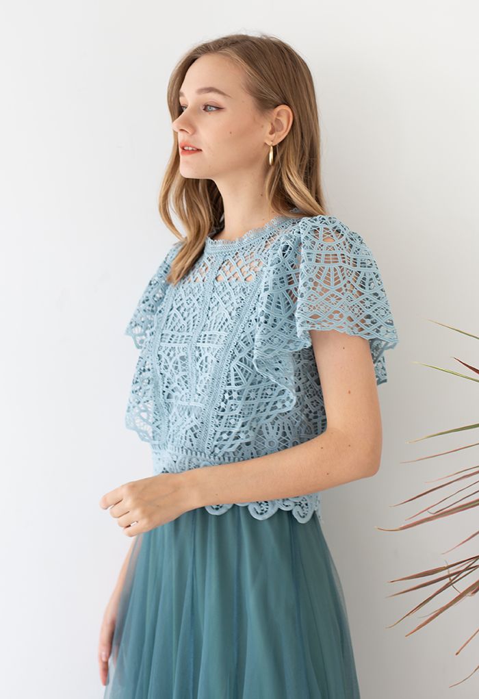 Ruffle Sleeves Full Crochet Crop Top in Dusty Blue