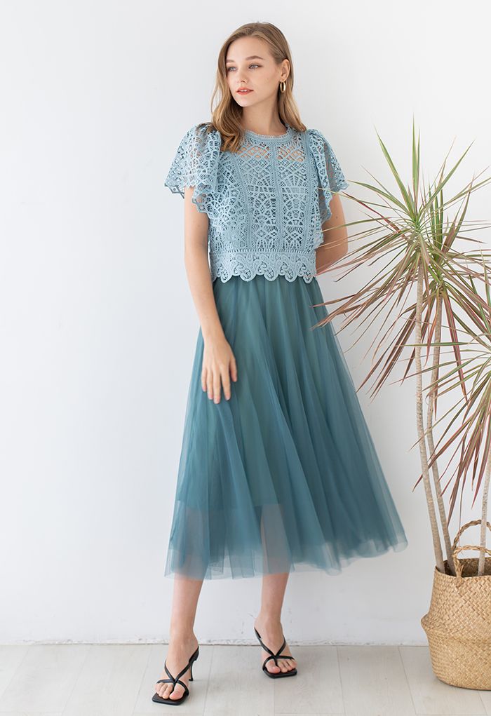 Ruffle Sleeves Full Crochet Crop Top in Dusty Blue