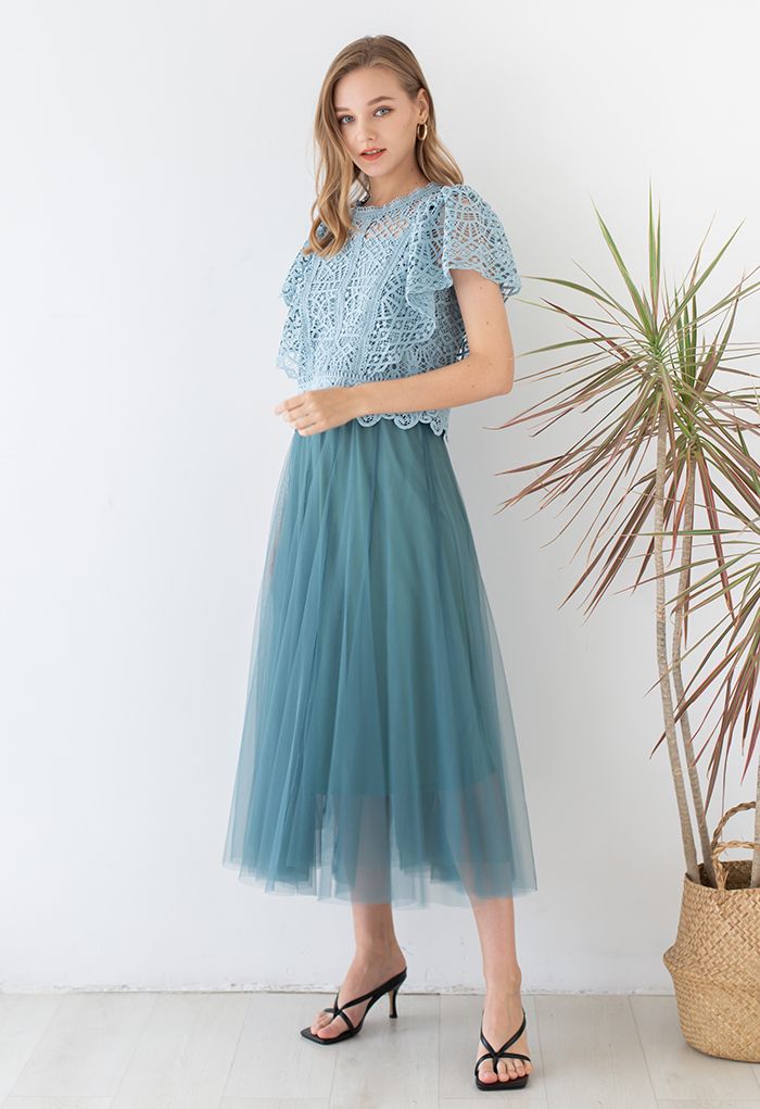 Ruffle Sleeves Full Crochet Crop Top in Dusty Blue