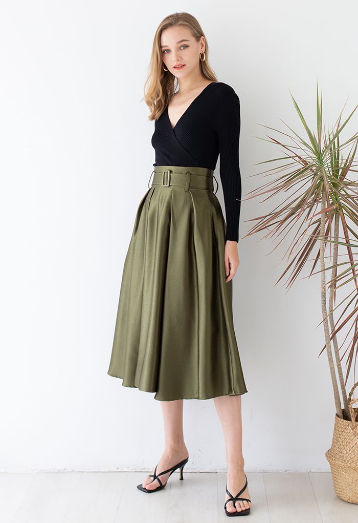 Belted Texture Flare Maxi Skirt in Moss Green