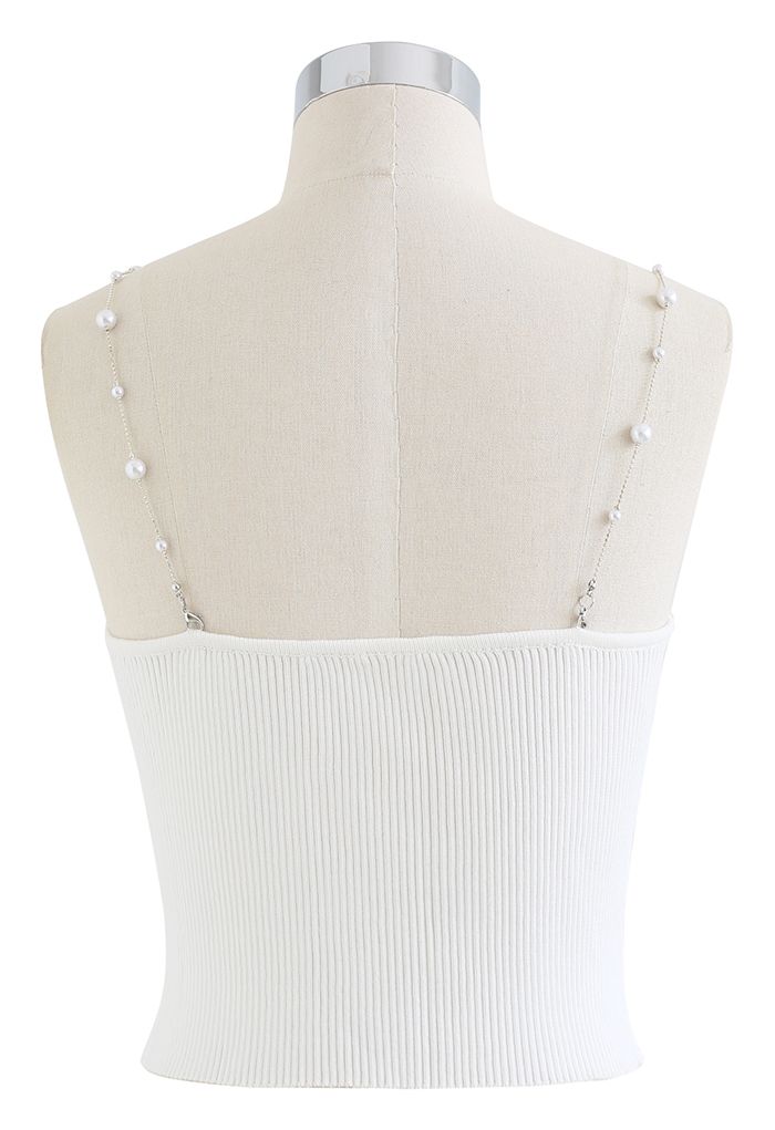 Cropped Knit Pearly Tank Top in White