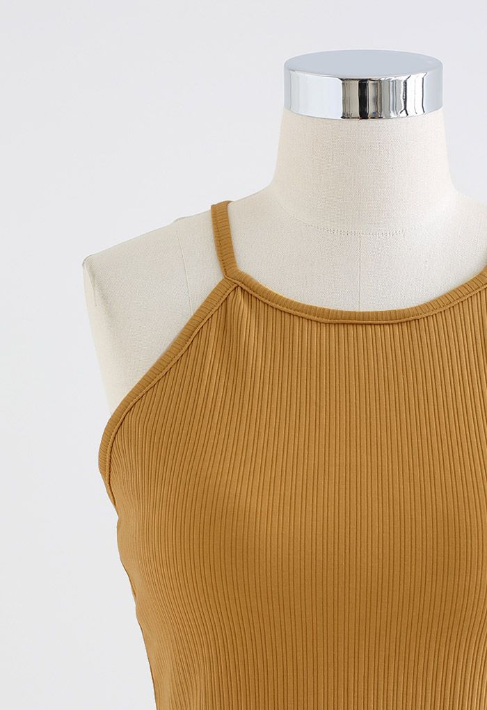 Halter Neck Racer Back Ribbed Top in Pumpkin