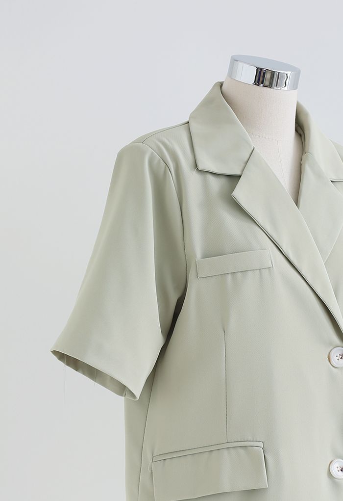 Pockets Padded Shoulder Textured Blazer and Shorts Set in Pea Green