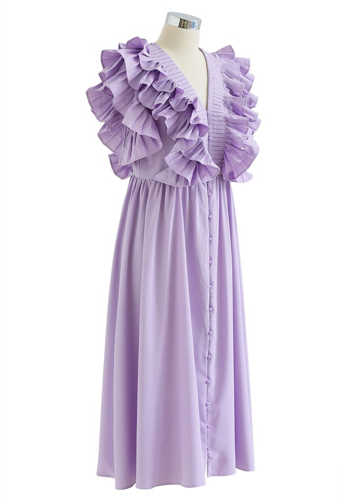 Pleated Ruffle Buttoned Deep V-Neck Dress in Lilac