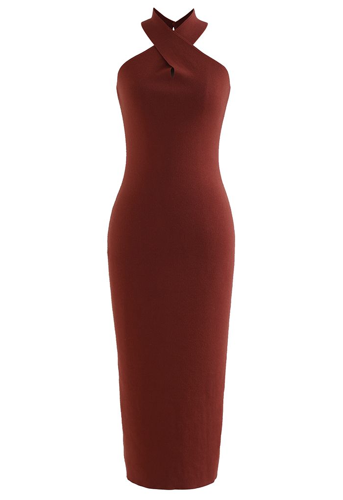 Crisscross Halter Neck Bodycon Knit Dress in Burgundy