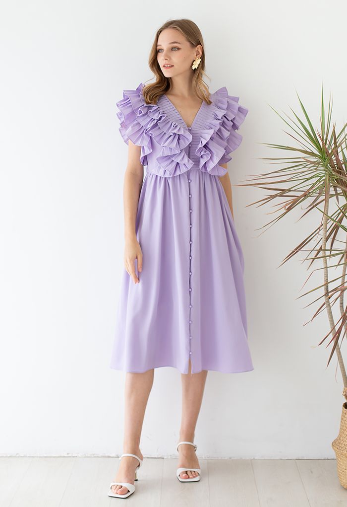 Pleated Ruffle Buttoned Deep V-Neck Dress in Lilac