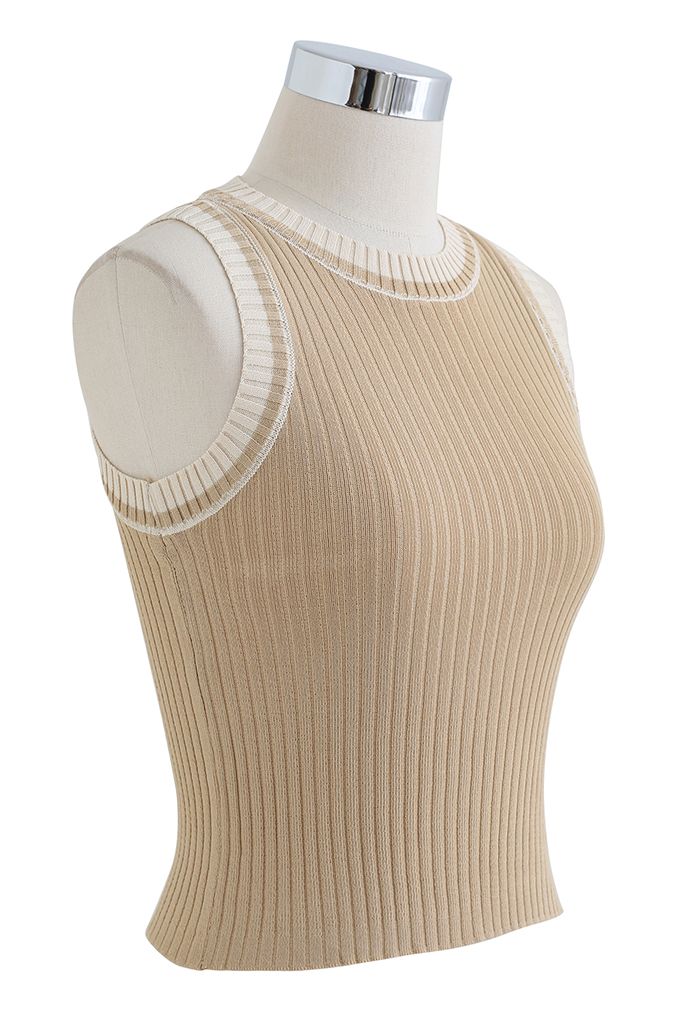 Two-Tone Ribbed Knit Tank Top in Camel