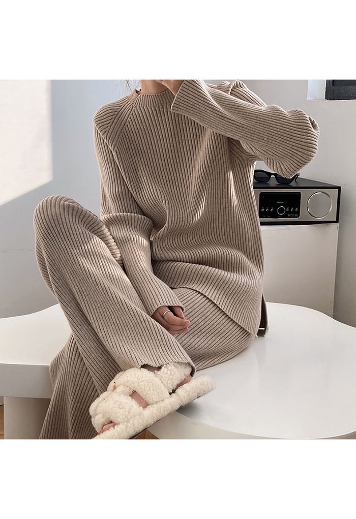 Rib Knit Split Hem Sweater and Pants Set in Sand