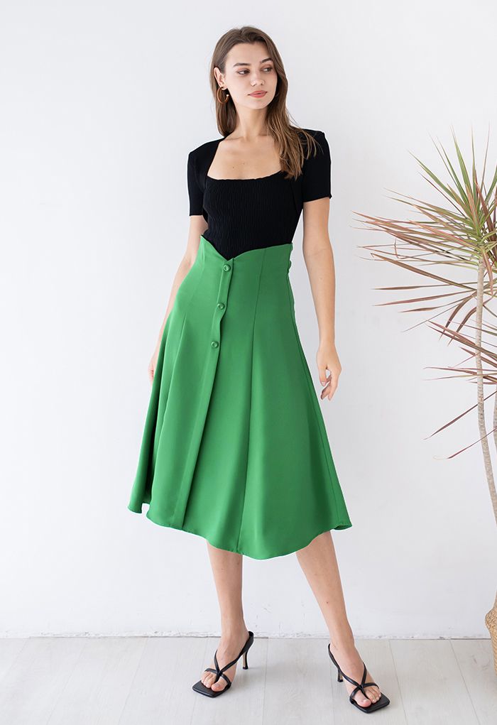 Buttons Trim High Waist Flare Midi Skirt in Green