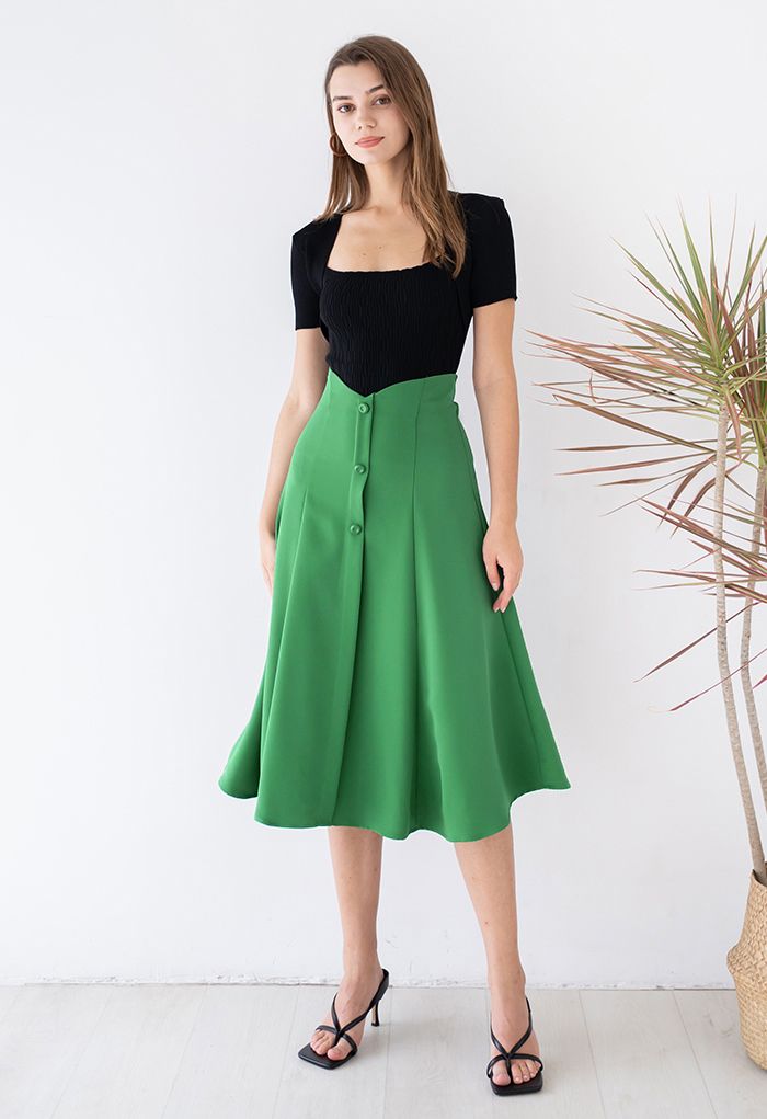 Buttons Trim High Waist Flare Midi Skirt in Green