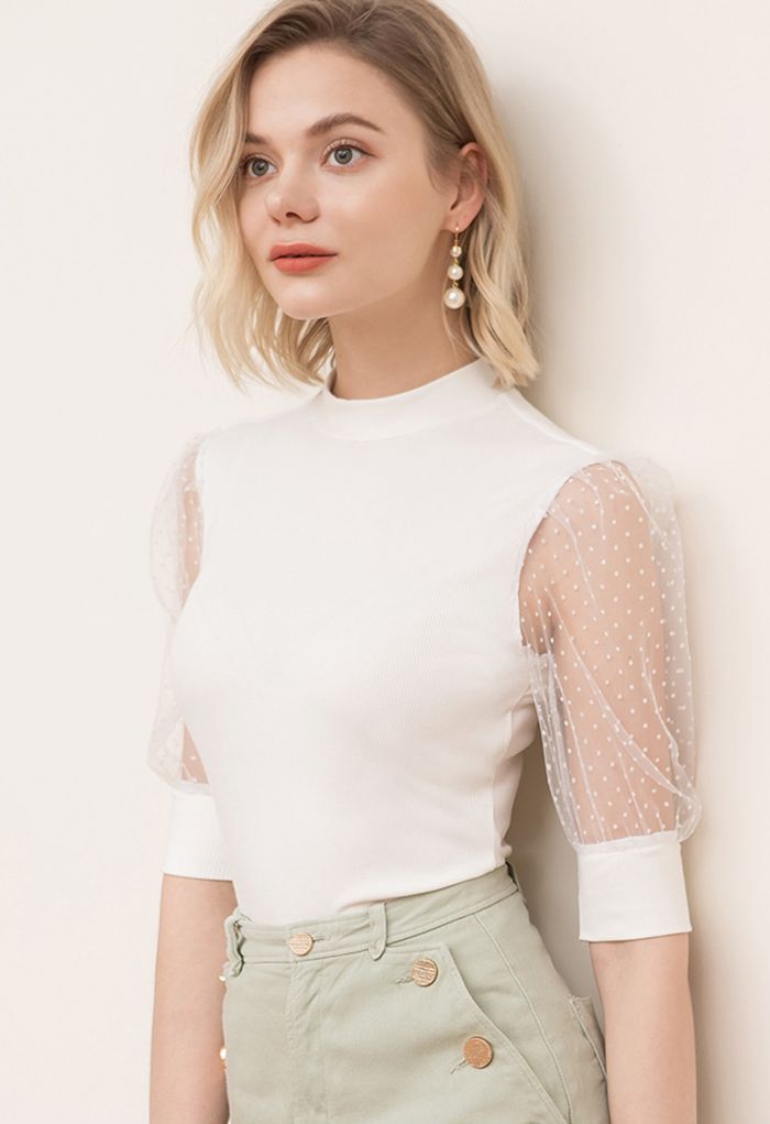 Flock Dots Elbow Sleeves Ribbed Top in White