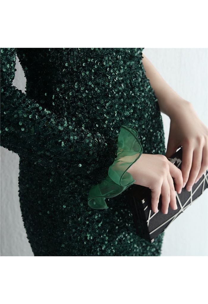 One-Shoulder Organza Trim Sequined Gown in Emerald