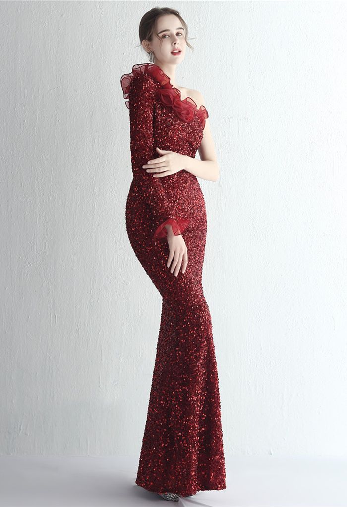 One-Shoulder Organza Trim Sequined Gown in Burgundy