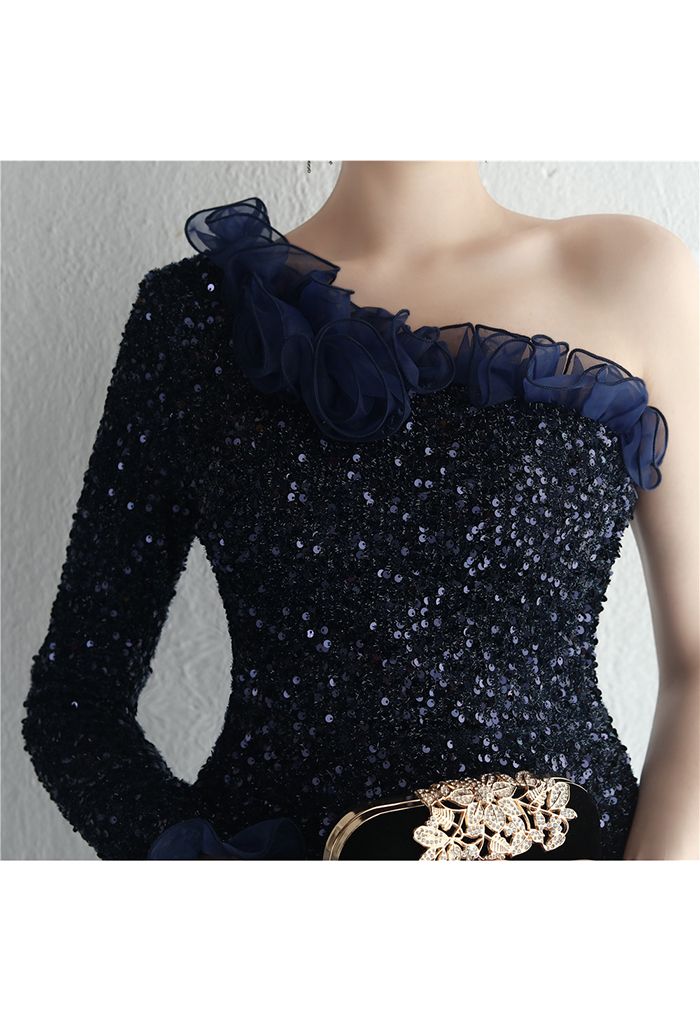 One-Shoulder Organza Trim Sequined Gown in Navy